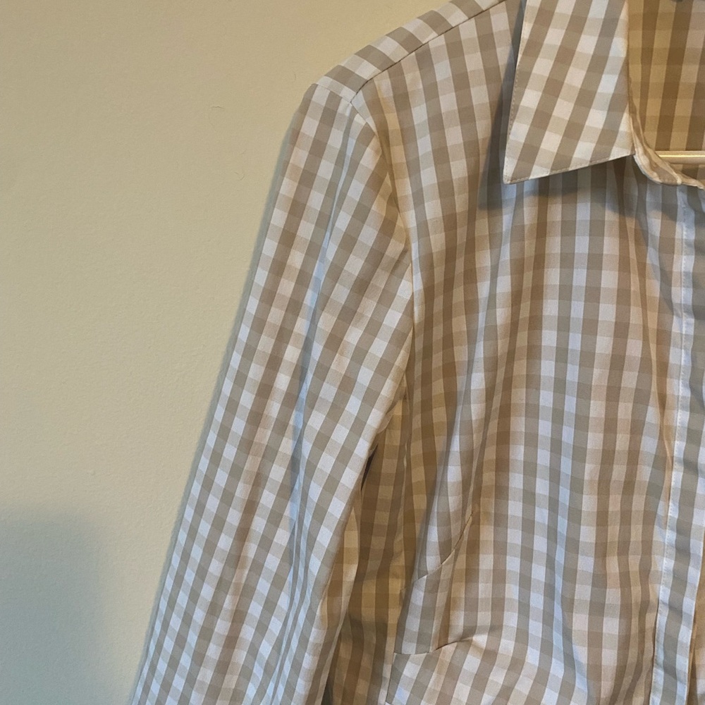 Lafayette 148 New York Beige Gingham Button Down Shirt - Picture 3 of 7